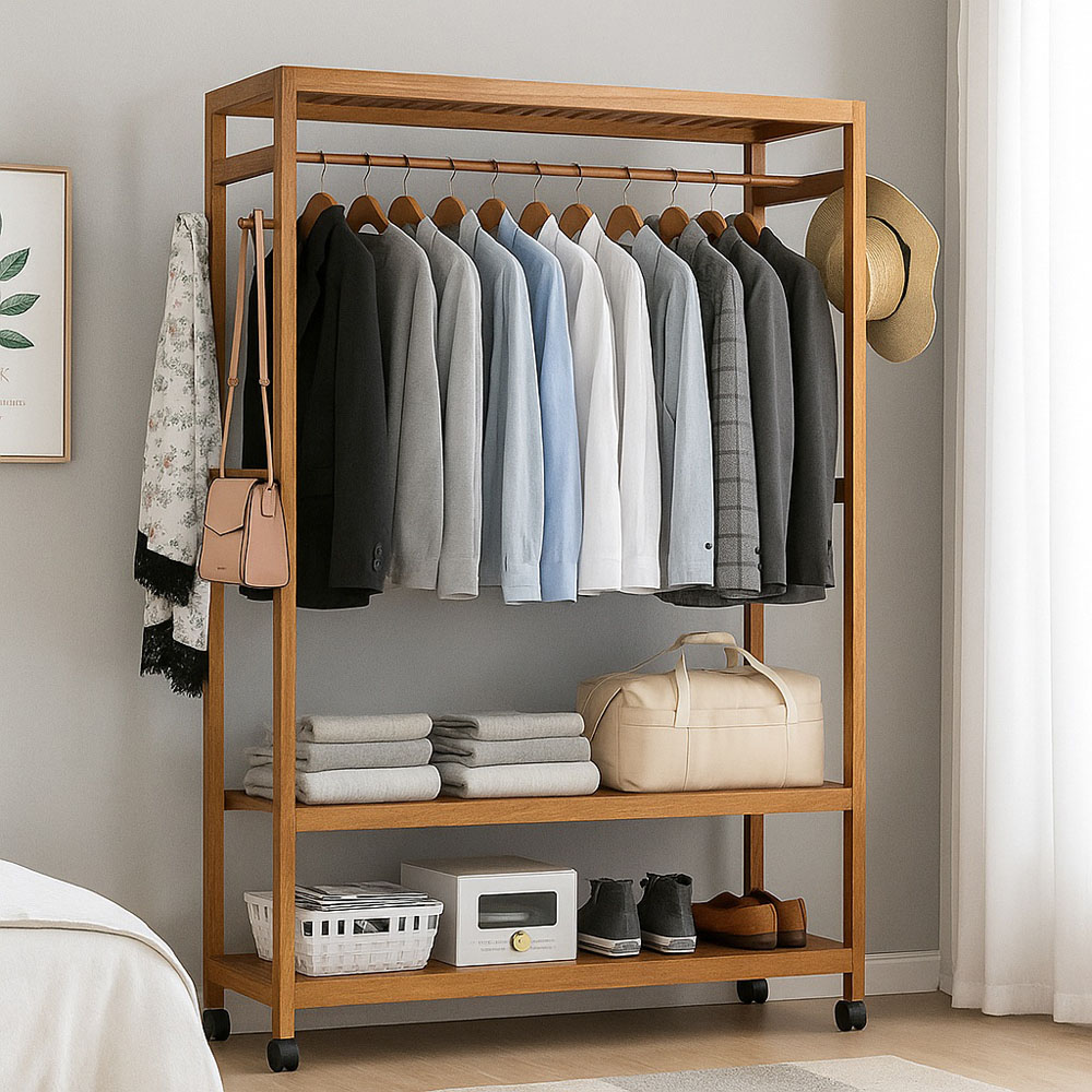 Modcraft 2 Shelf Heavy Duty Wooden Clothes Stand with Wheels Image 5