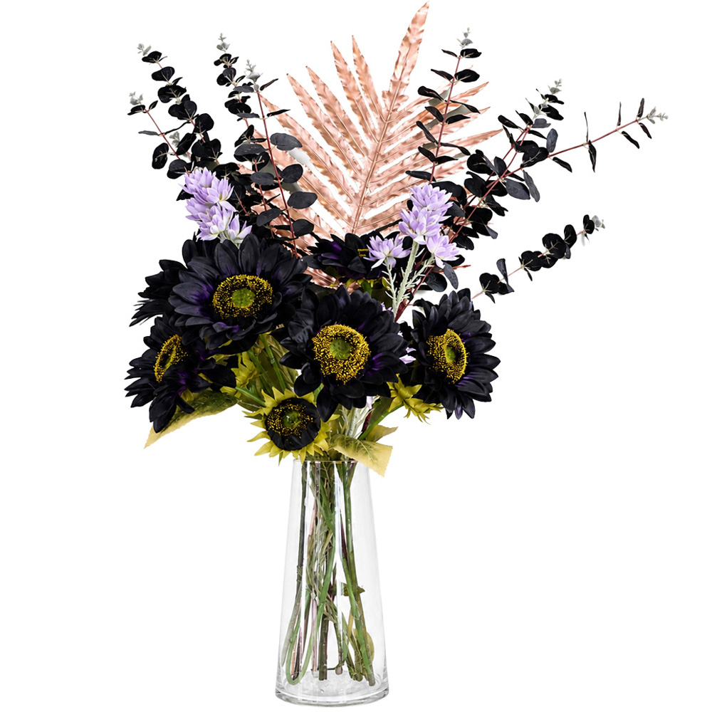 Leaf Purple Sunflower and Gold Leaf Artificial Flower Bundle with Glass Vase 80cm 8 Pack Image 1