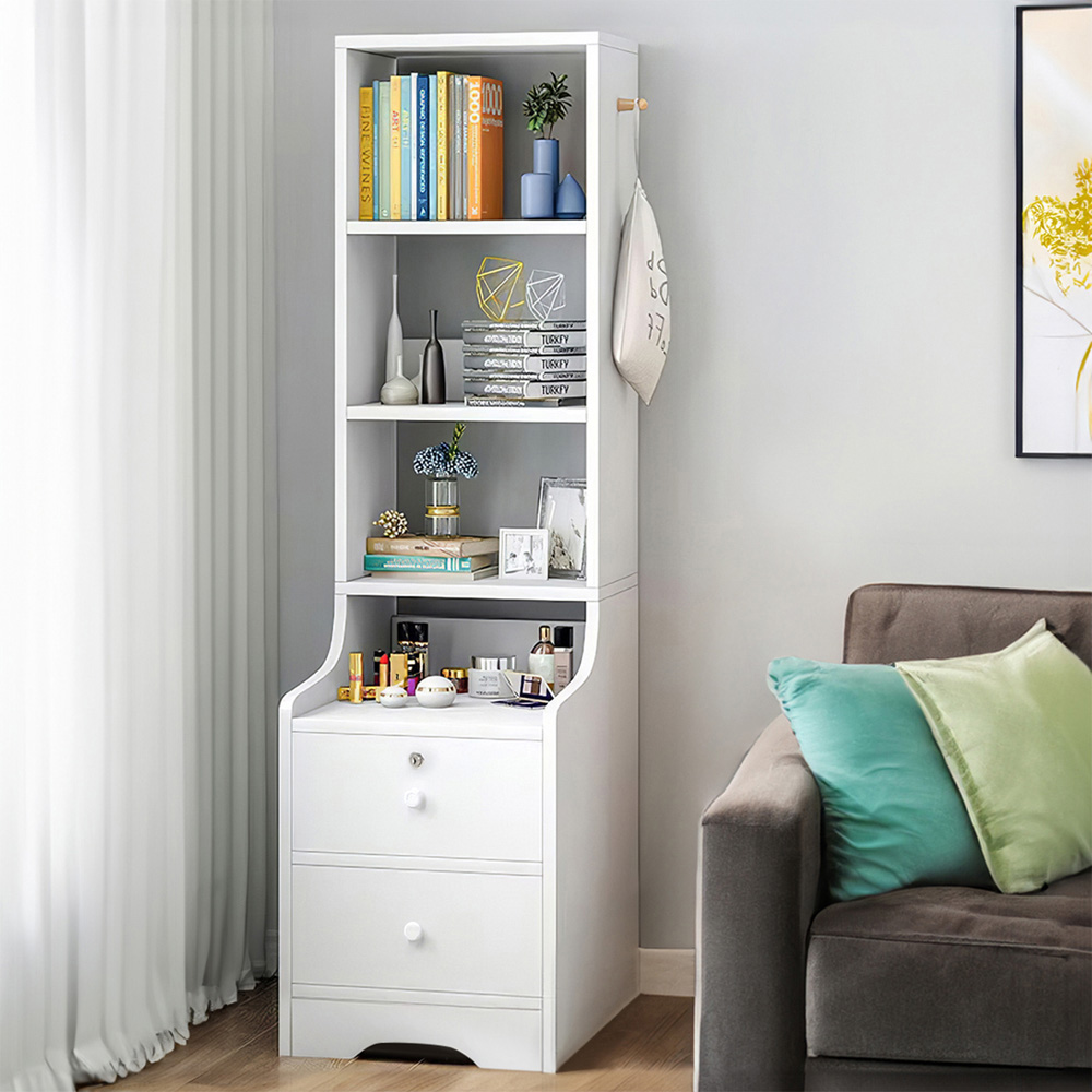 Living and Home 2 Drawer 4 Shelf White Tall Bedside Table Image 1