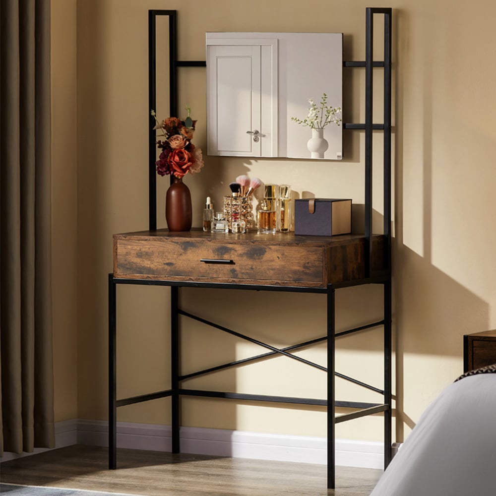 Vida Designs Brooklyn Single Drawer Dark Wood Industrial Vanity Dressing Table with Mirror Image 1