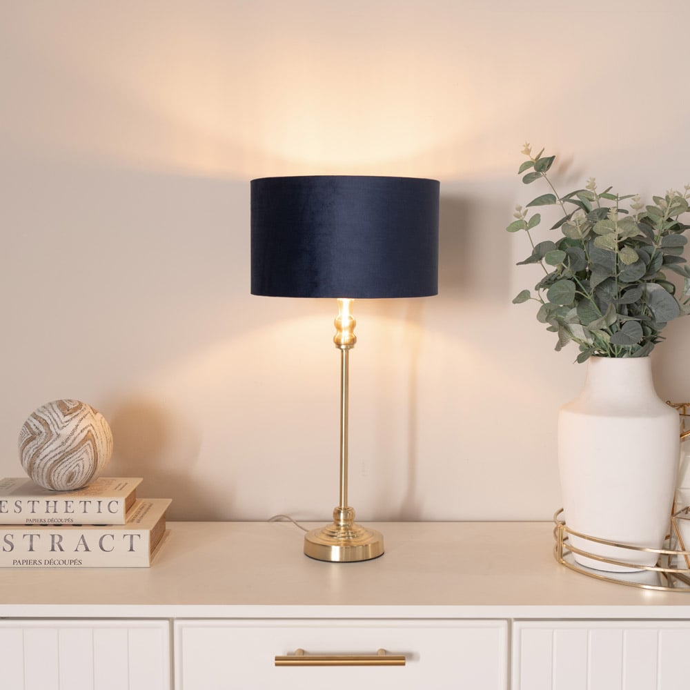 ValueLights Maggie Gold Candlestick LED Table Lamp with Navy Blue and Gold Velvet Lamp Shade Image 3