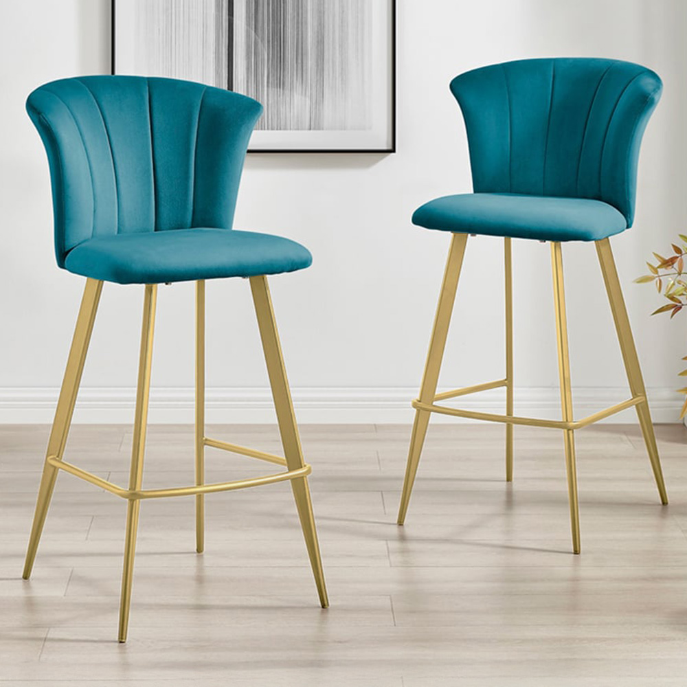 Furniturebox Hazel Blue and Gold Velvet Bar Stool Set of 2 Image 1