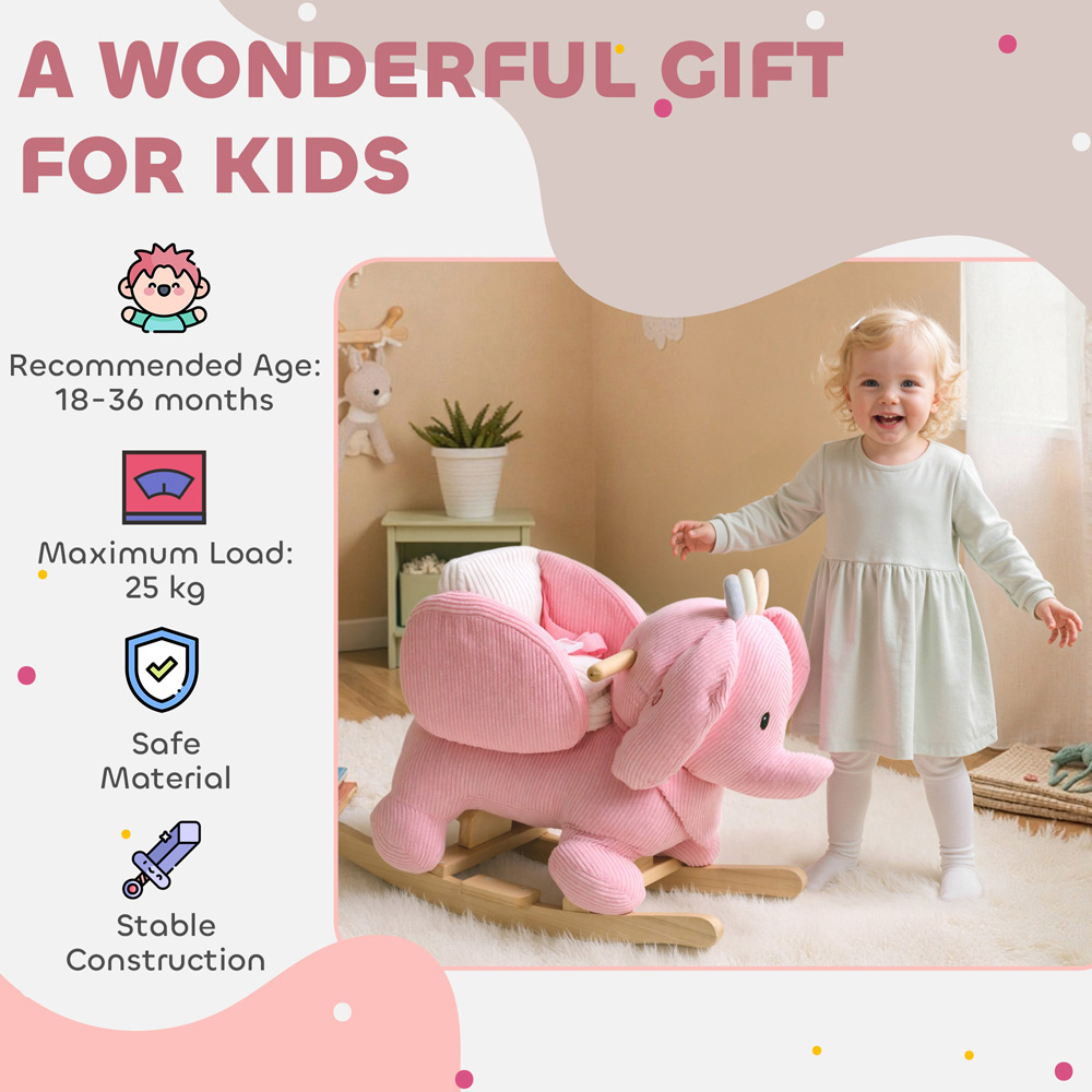 Tommy Toys AIYAPLAY Kids Pink Plush Ride On Rocking Elephant with Safety Belt and Interactive Sound Image 7