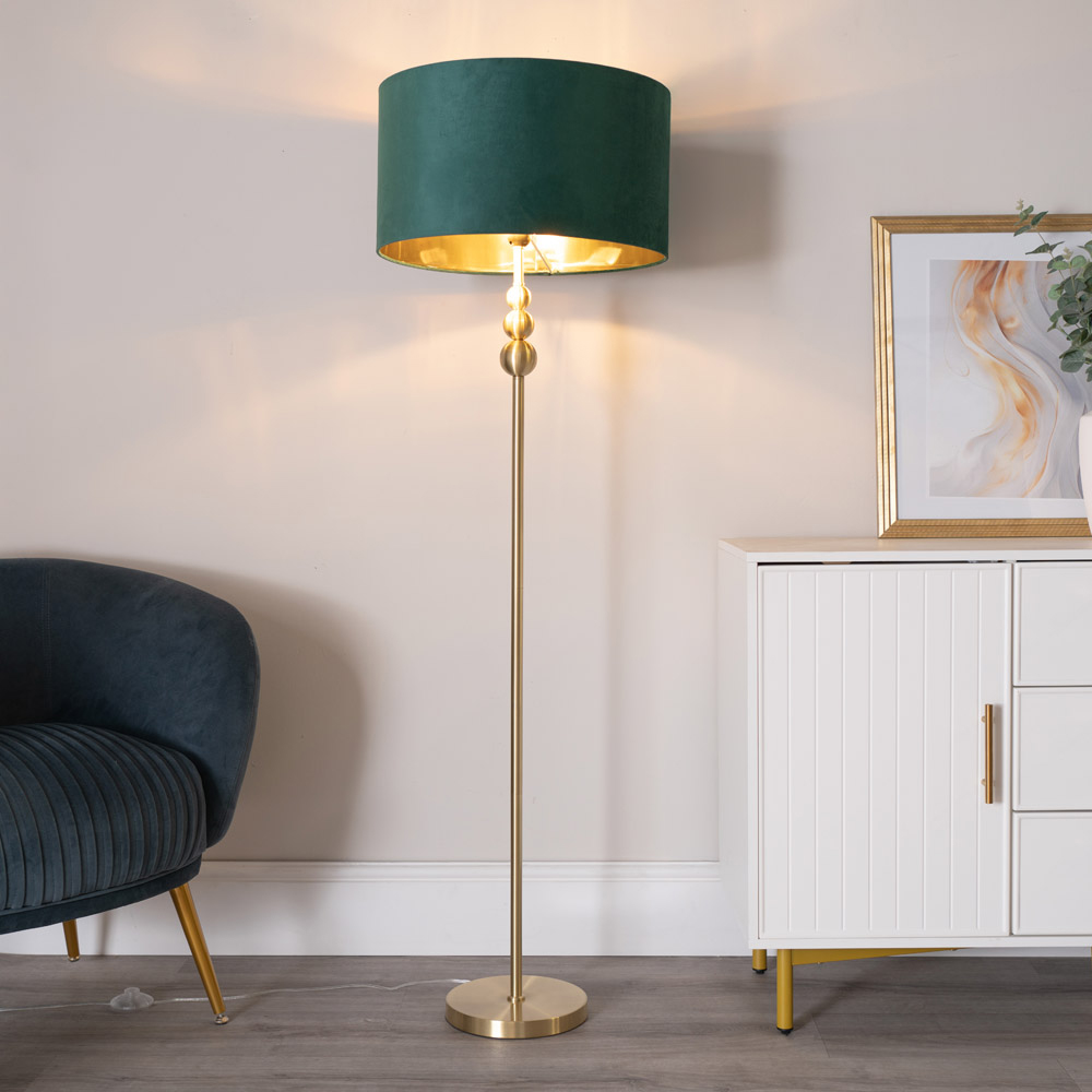 ValueLight Marissa Forest Green Velvet Gold Inner Shade Gold Stacked Ball LED Floor Lamp Image 3