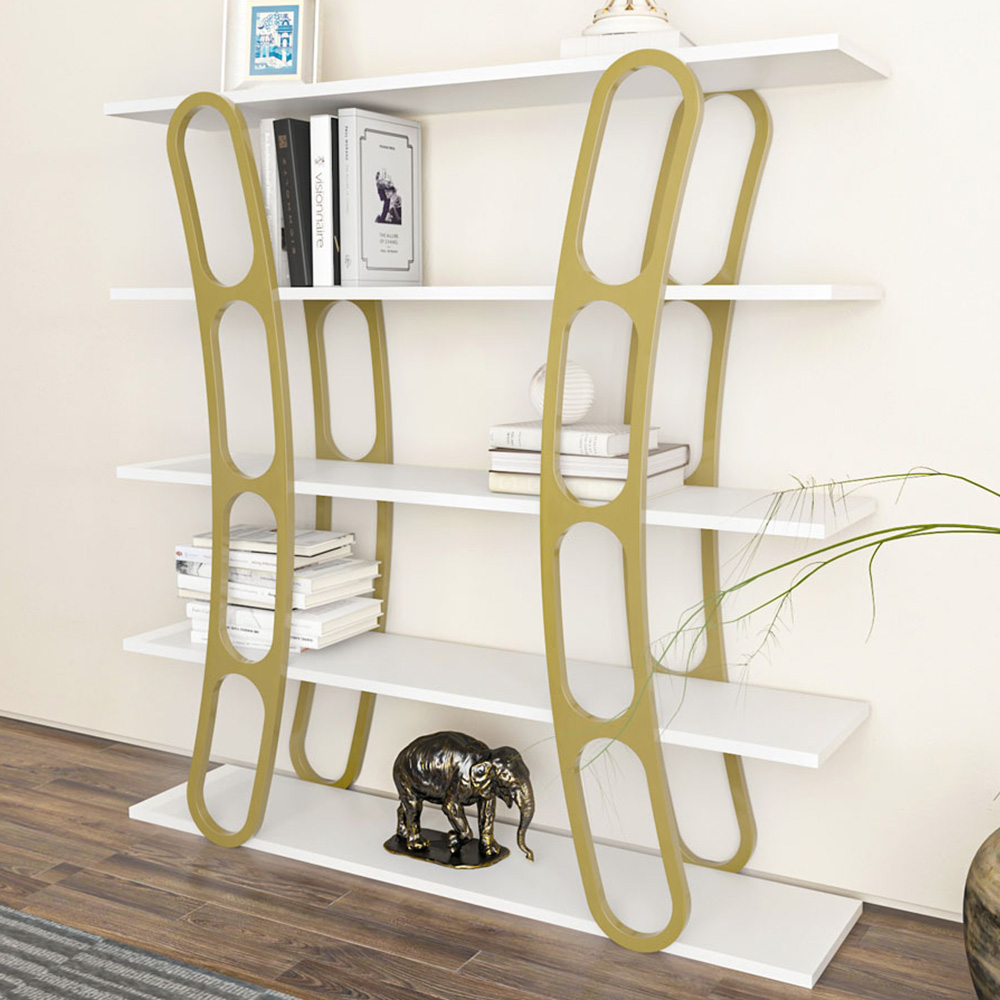 Decorotika Adar 5 Shelf White and Gold Bookcase Image 1