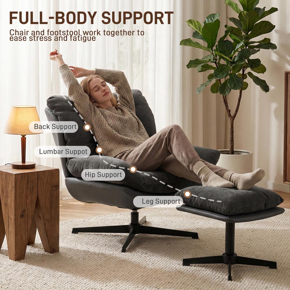 Portland Dark Grey Chenille Swivel Accent Chair with Footstool Image 3