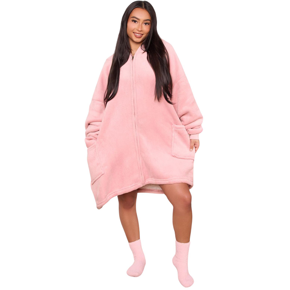 Sienna Blush Pink Sherpa Fleece Zip Up Oversized Hoodie Blanket Image 1