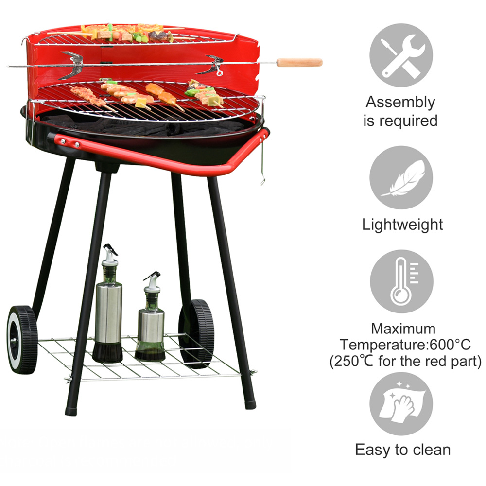 Outsunny Red and Black Round Charcoal Trolley BBQ Grill Image 3