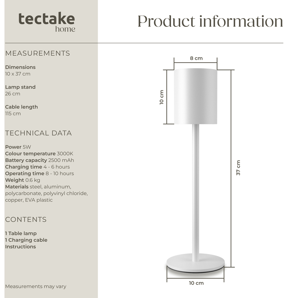 tectake Corly White Rechargeable Dimmable Table Lamp Image 8