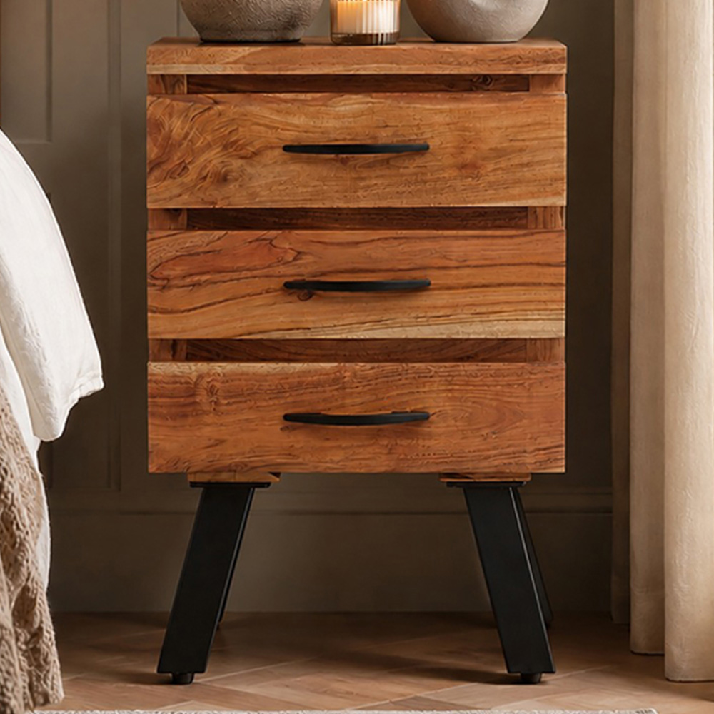 Premier Housewares Nashik 3 Drawer Acacia Side Table with Black Iron Legs Image 1