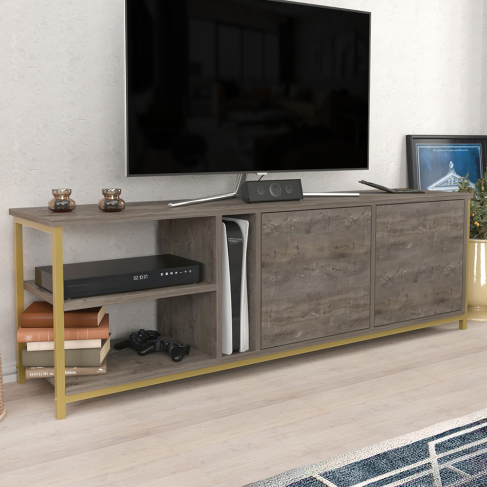 Decorotika Primrose 2 Door 3 Shelf Gold Wenge TV Stand for 72 inch TV Image 1