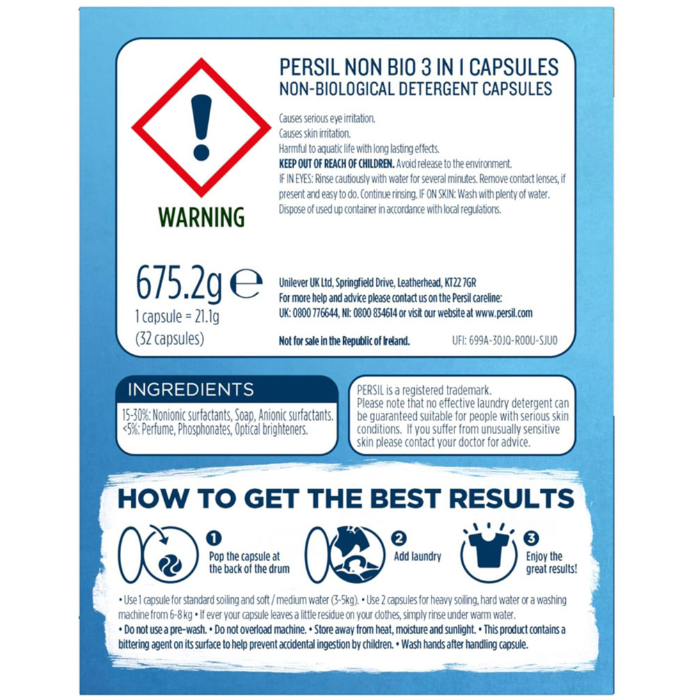 Persil 3 in 1 Non Bio Washing Capsules 32 Washes 675.2g Image 3