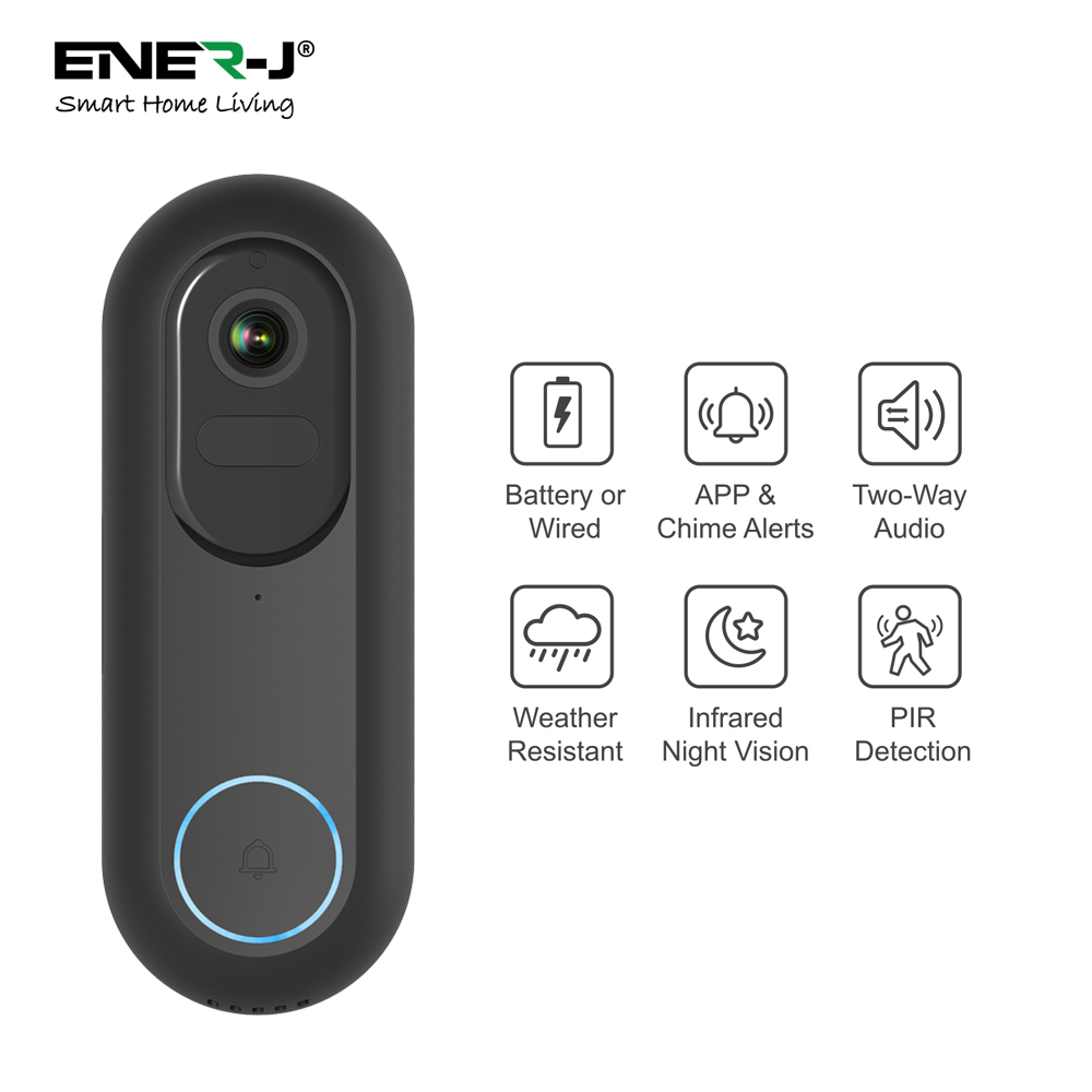 ENER-J Black Video Doorbell Kit with Battery and USB Foldable Chime Image 2