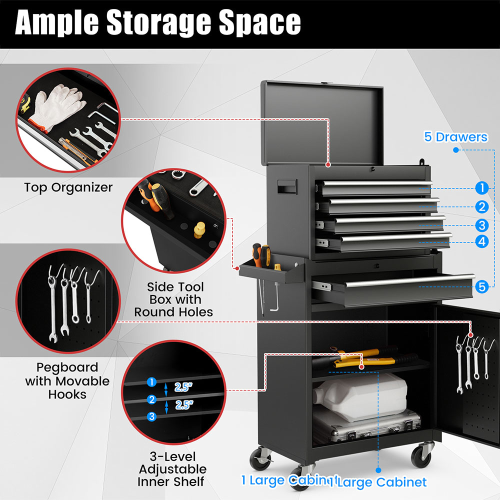 Costway 5 Drawer Black High Capacity Tool Storage Cabinet Image 6