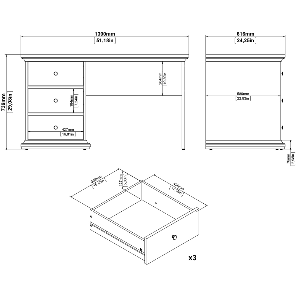 Florence Paris 3 Drawer Desk White Image 9