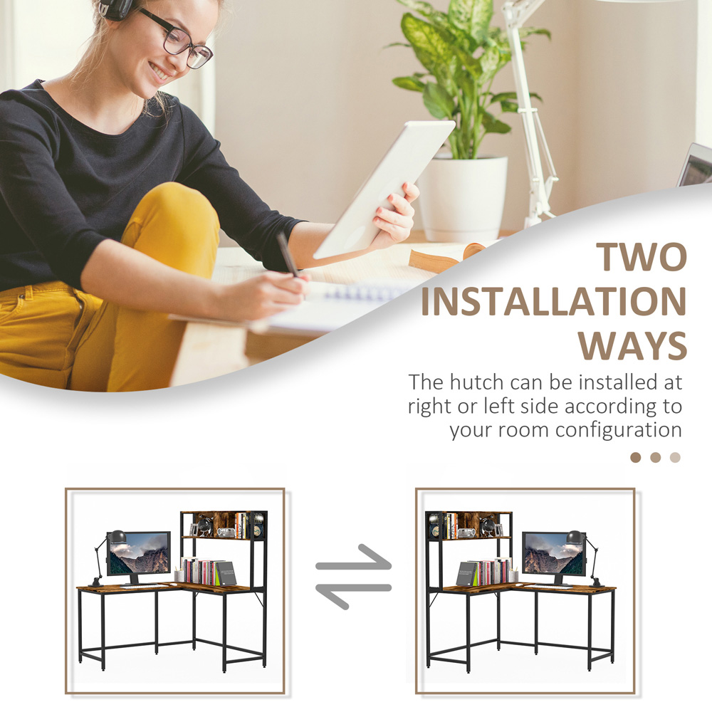 Portland 2 Shelf Industrial L-Shaped Corner Work Desk with Adjustable Feet Brown and Black Image 8