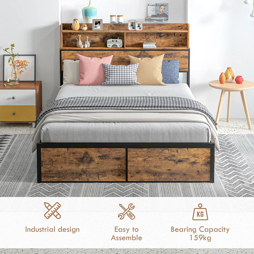Portland Double Rustic Brown Industrial Style Steel Bed Frame with Headboard and Footboard Image 6