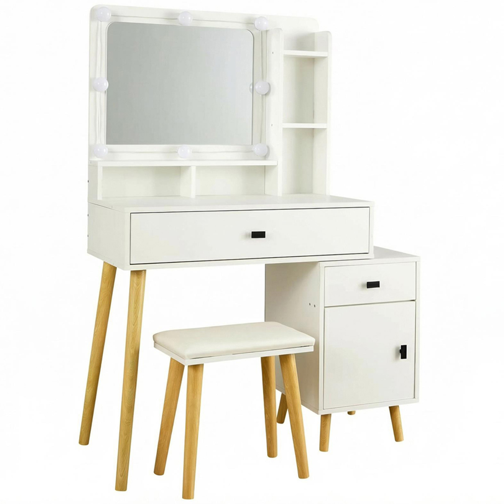Home Source Forta Single Door 2 Drawer White Vanity Table and Stool Set with Light-Up Mirror Image 2