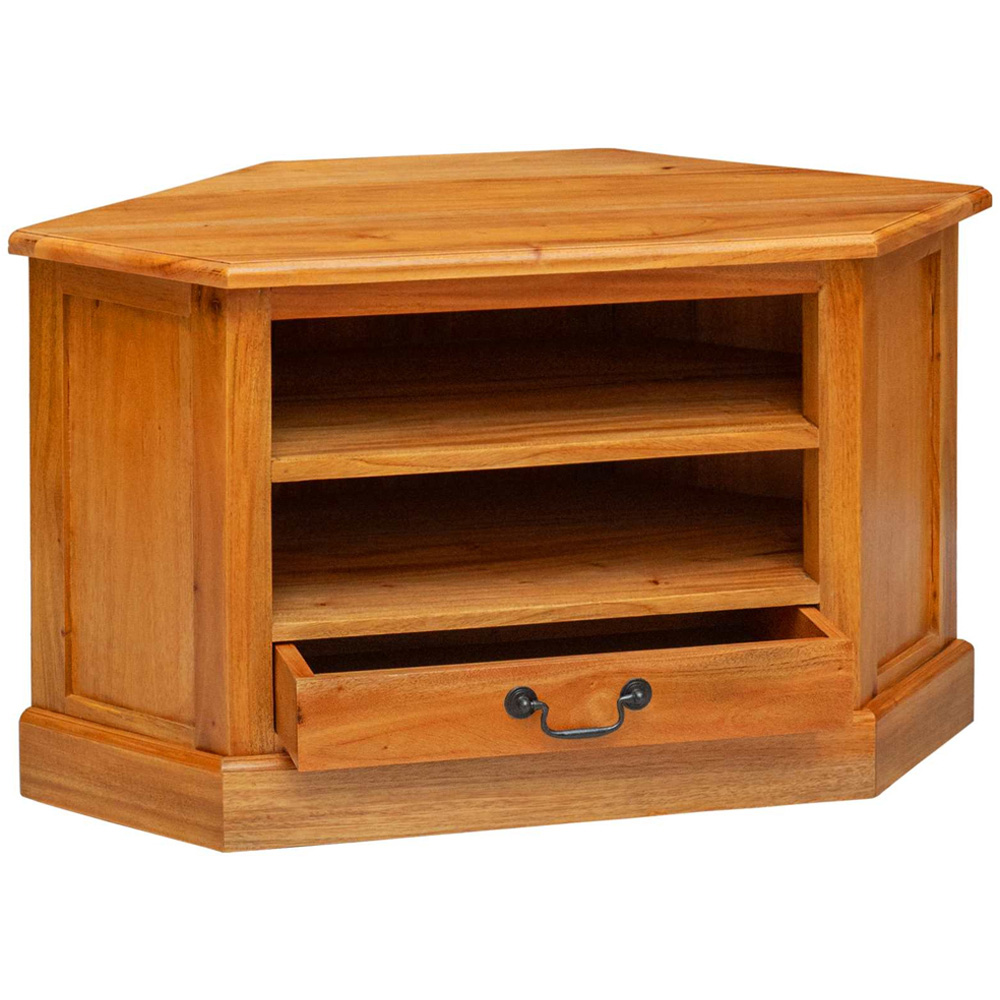 vidaXL Single Drawer 2 Shelf Natural Solid Mahogany Wood Corner TV Cabinet Image 4