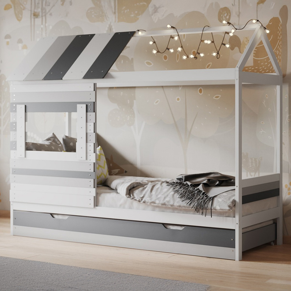 Flair Woodland Single White and Grey House Bed with Trundle Image 1