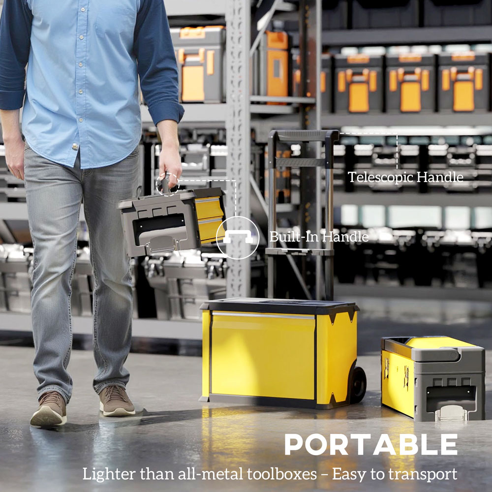 HOMCOM 3 Tier Yellow Stackable Steel Tool Box with Wheels Image 7
