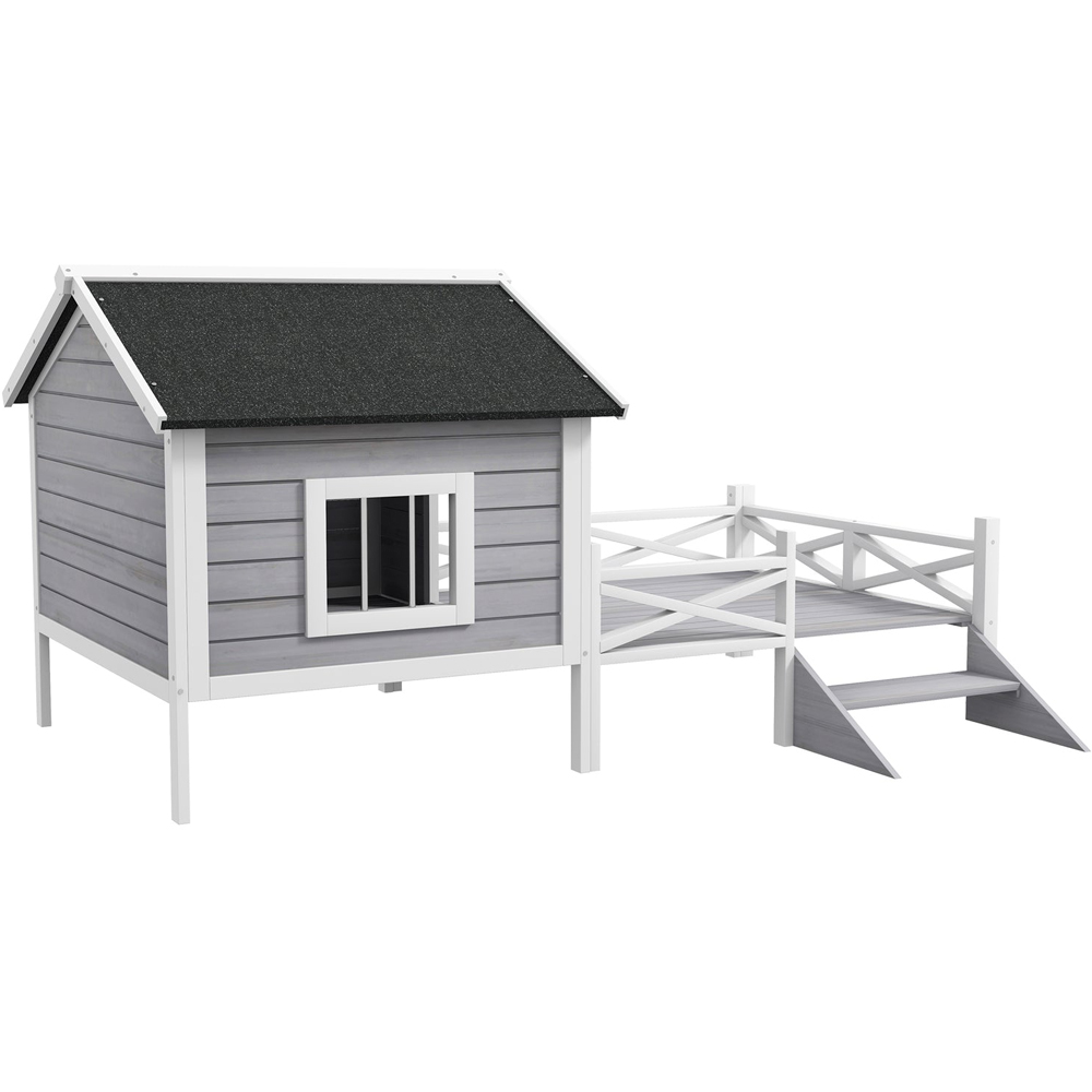 PawHut Wooden Grey Dog House with Porch Image 1