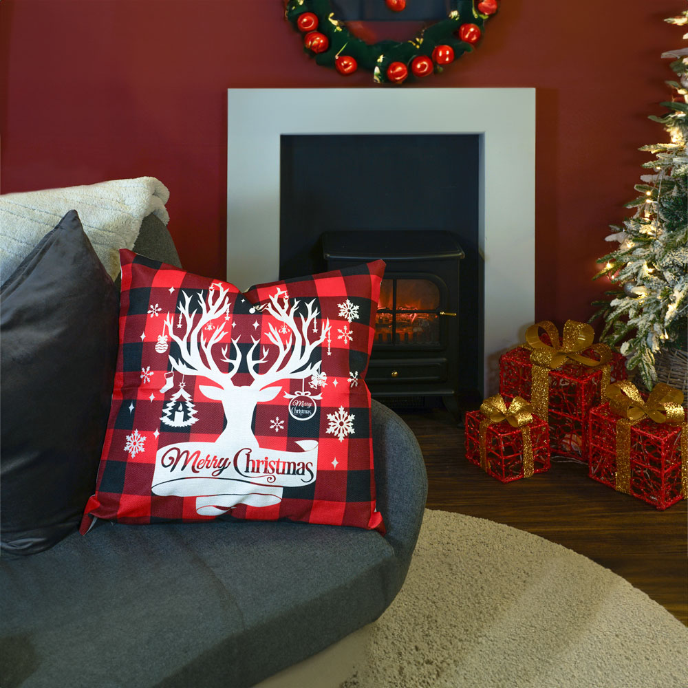 Xmas Haus Christmas-Themed Red Check Stag Head Cushion 45 x 45cm Image 2