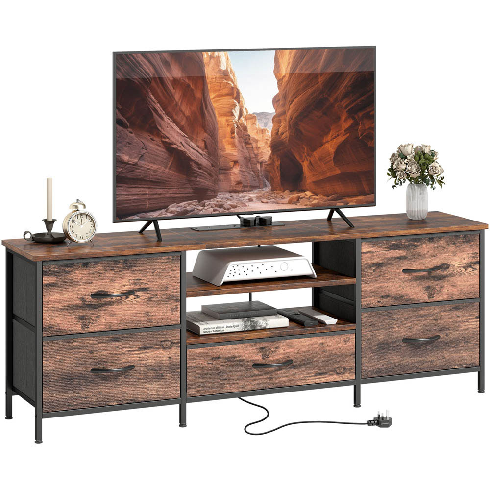 Portland 5 Drawer 2 Shelf Rustic Brown TV Unit with Charging Station Image 2