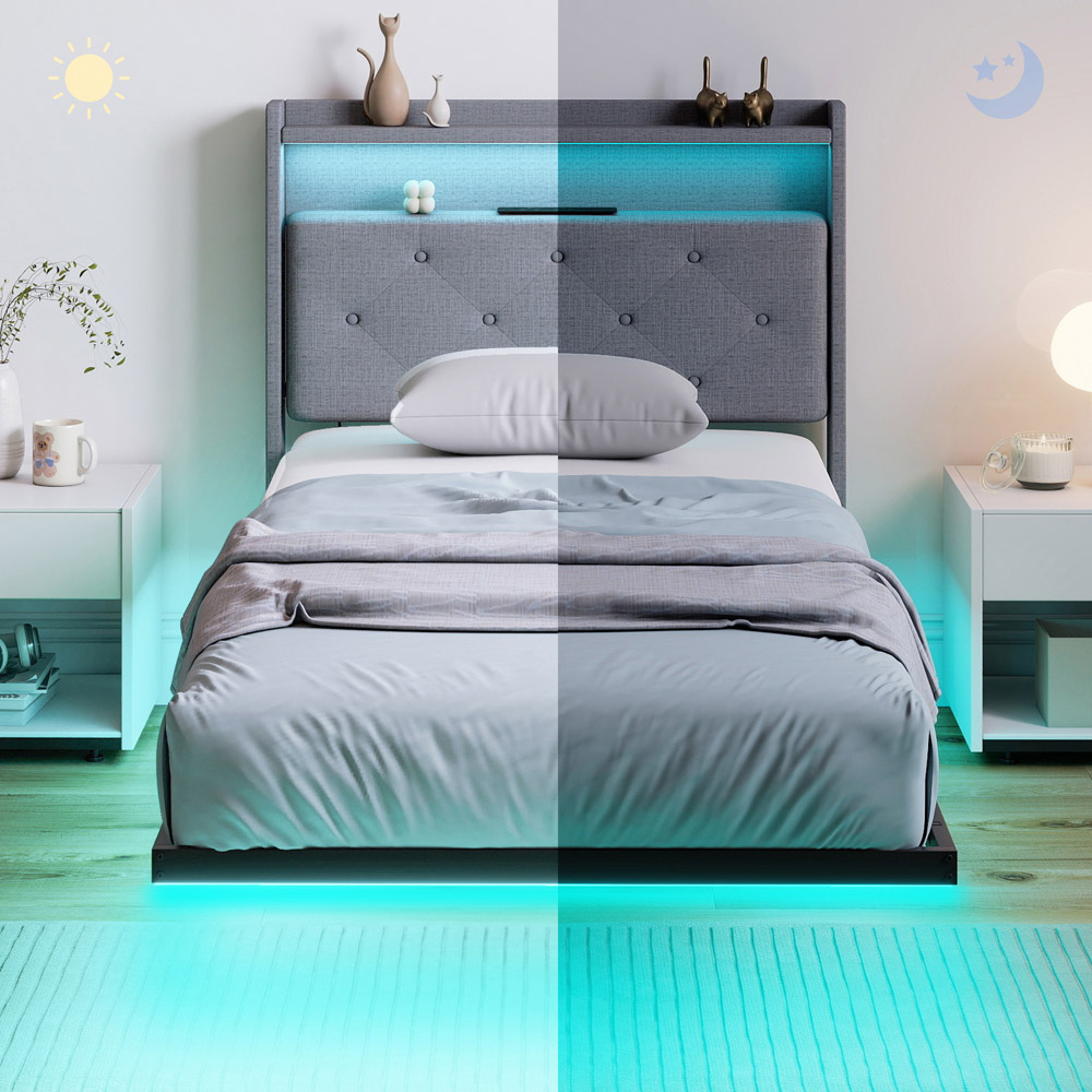 Portland Single Grey Upholstered Floating Bed Frame with RGB LED Lights Image 3