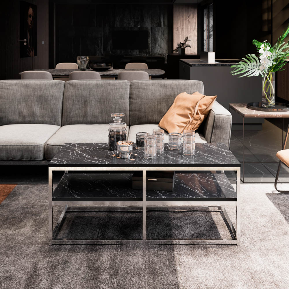 Decorotika Forteus Single Shelf White Black Marble Effect and Chrome Coffee Table with Metal Legs Image 5