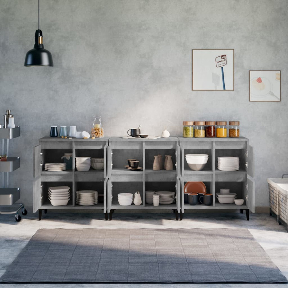 vidaXL 4 Door Concrete Grey Wooden Sideboard Set of 3 Image 8