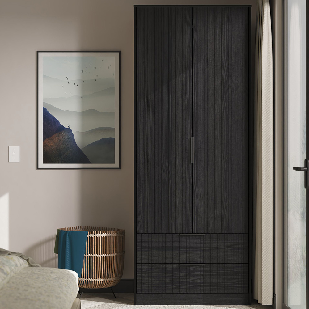 Crowndale Fluted 2 Door 2 Drawer Black Ash Tall Wardrobe Ready Assembled Image 1