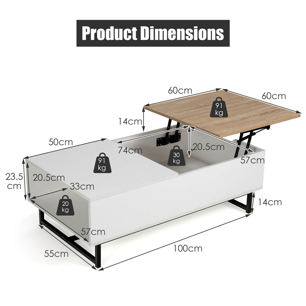 Costway Single Shelf White Lift Up Top Coffee Table Image 9