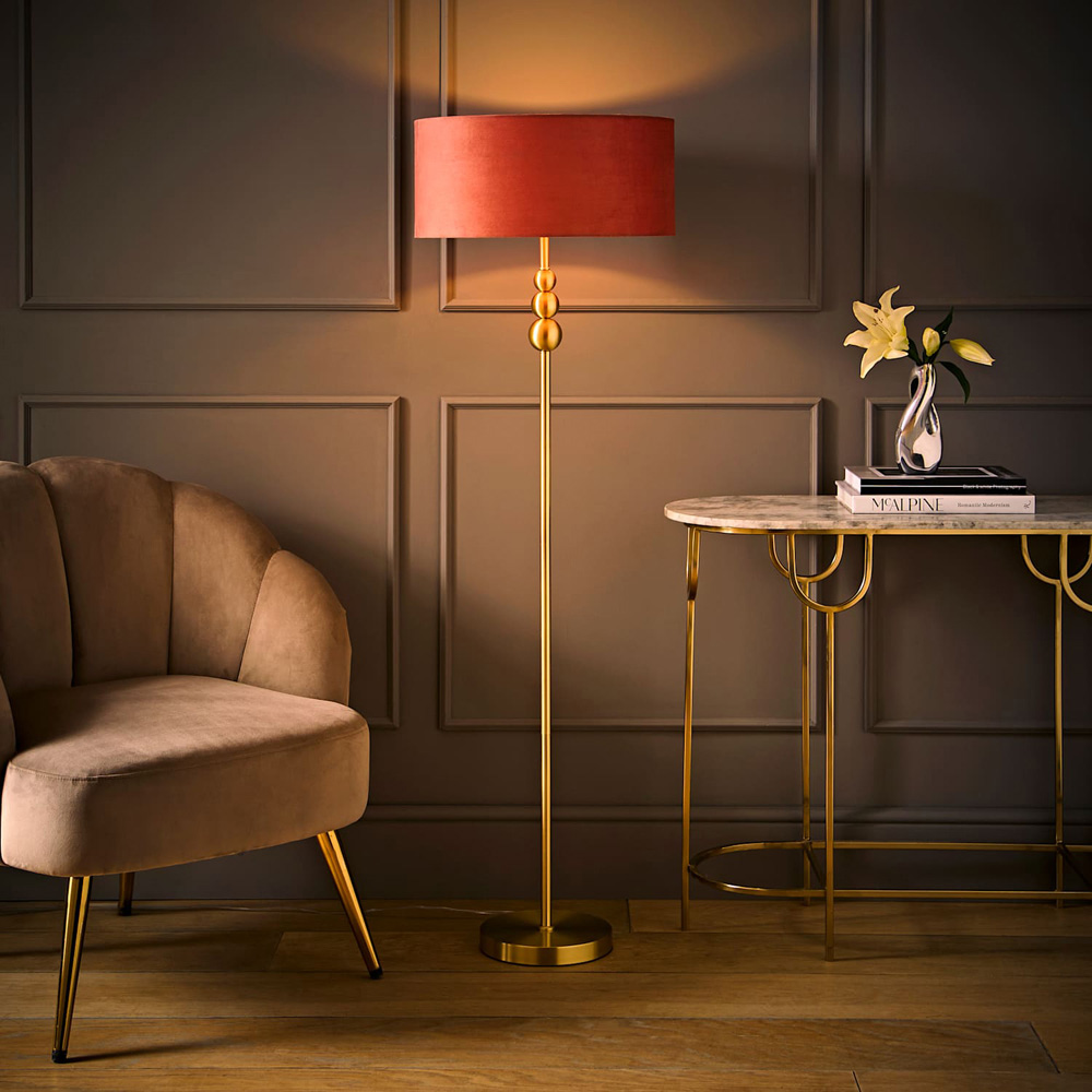 ValueLights Marissa Pink Velvet Squat Shade Brushed Gold Floor Lamp with Bulb Image 2