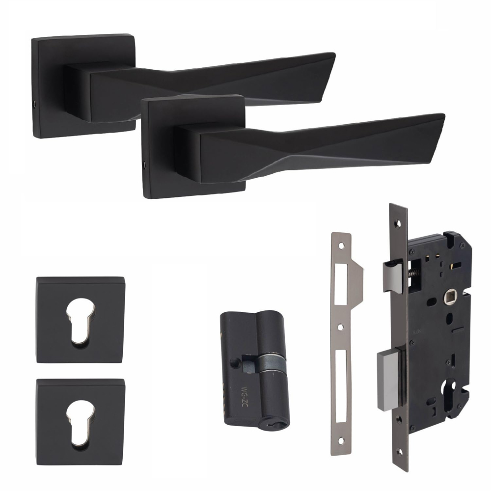 Golden Grace Matt Black Aura Euro Lock Door Handle Set Image 1