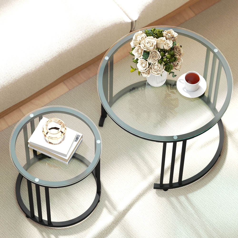 Portland Black Tempered Glass Top Round Nest of Tables Set of 2 Image 4