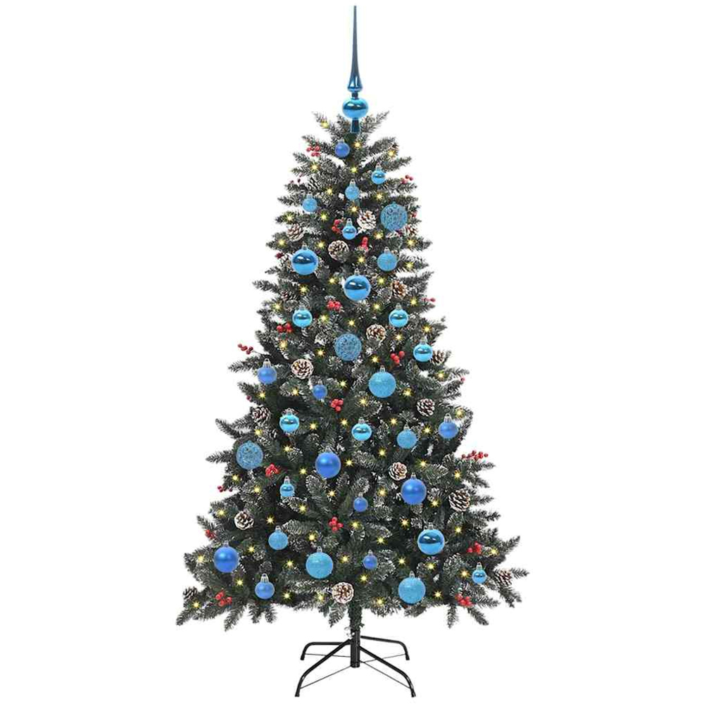 vidaXL Pre-Lit Blue Bauble Pinecones Berries Green Snow Flocked Artificial Christmas Tree 5ft Image 1
