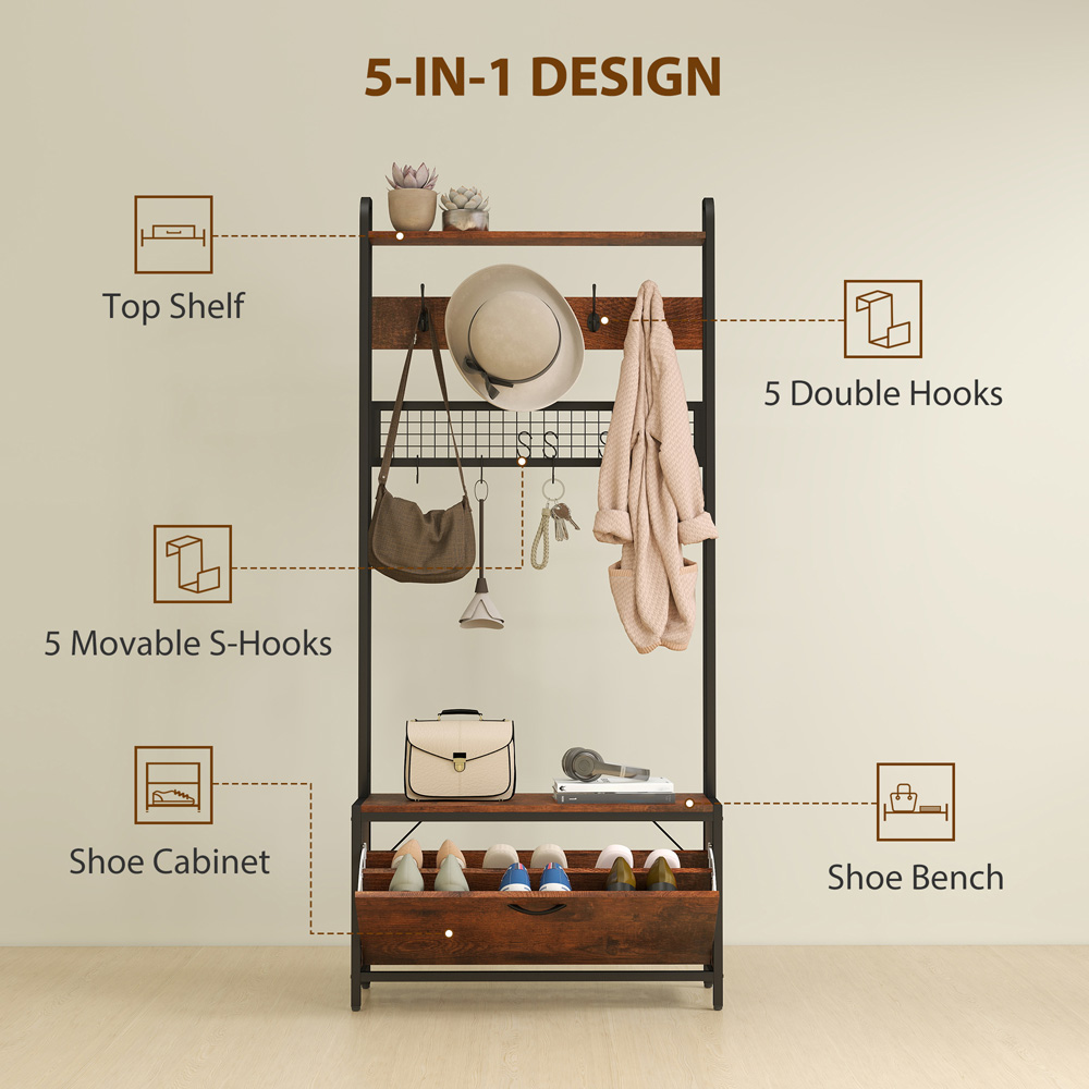 HOMCOM Single Flip Out Drawer 2 Shelf Rustic Brown Industrial Hall Tree Coat Stand Image 8