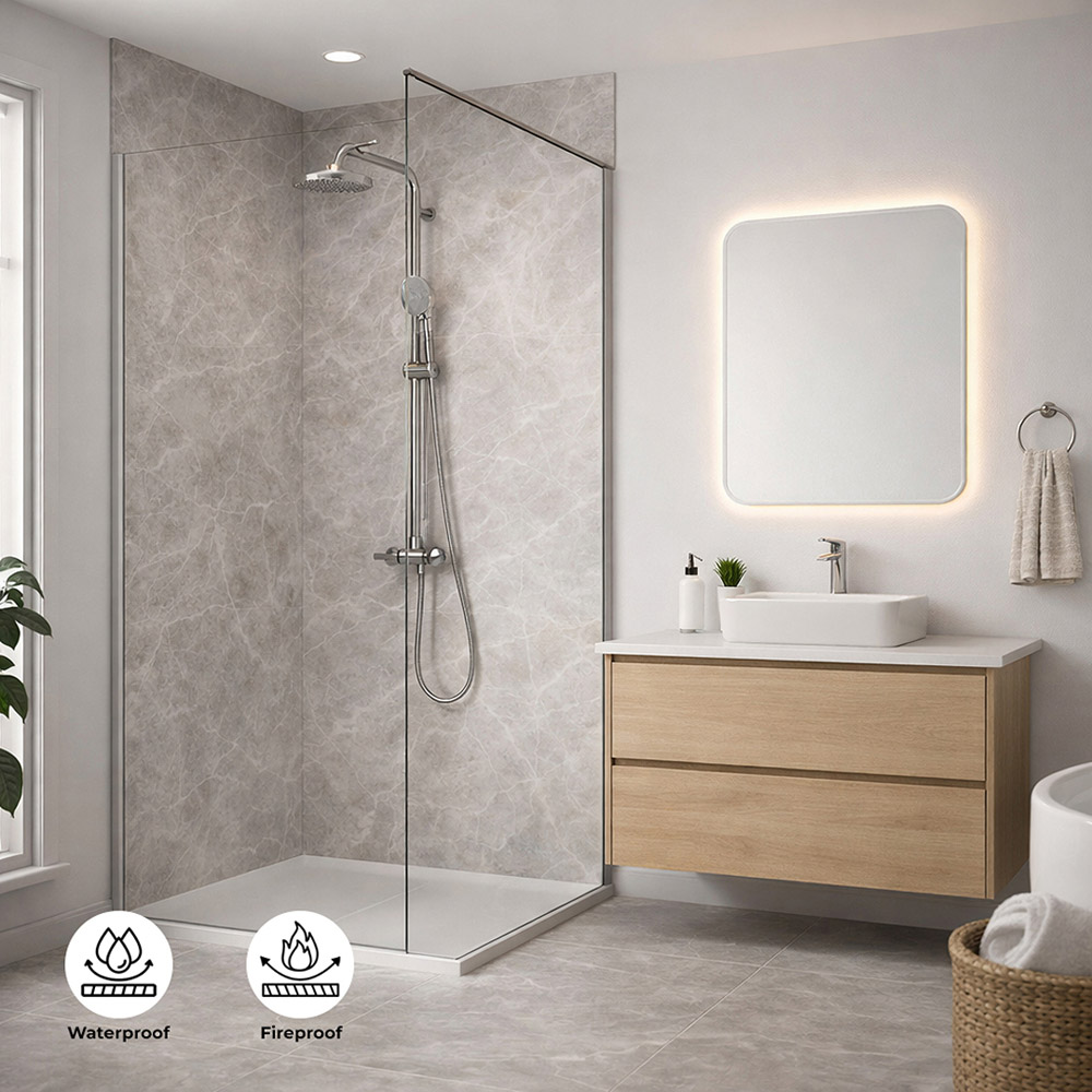 Britwall Grey Carrara Marble Glossy Shower Panel 2400 x 1000 x 10mm 3 Pack Image 5