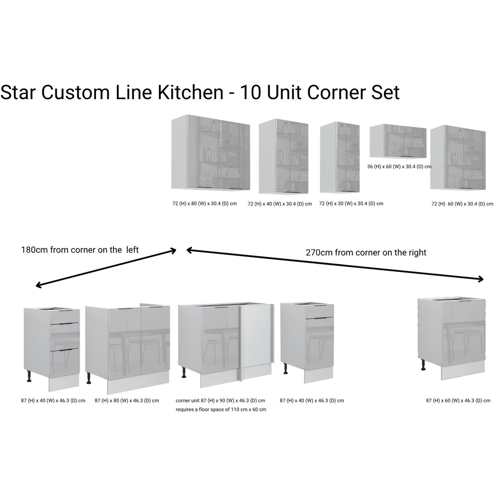 Impact Furniture Star Light Grey Gloss L Shaped Kitchen Corner Cabinet Set of 10 Image 9
