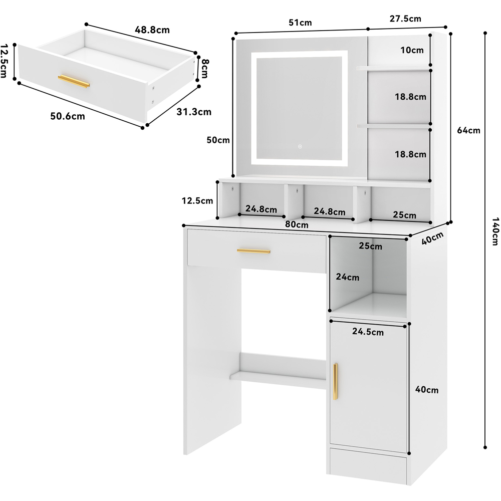 Brooklyn Truro Single Door Single Drawer 7 Shelf White Adjustable Dressing Table with LED Mirror Image 9