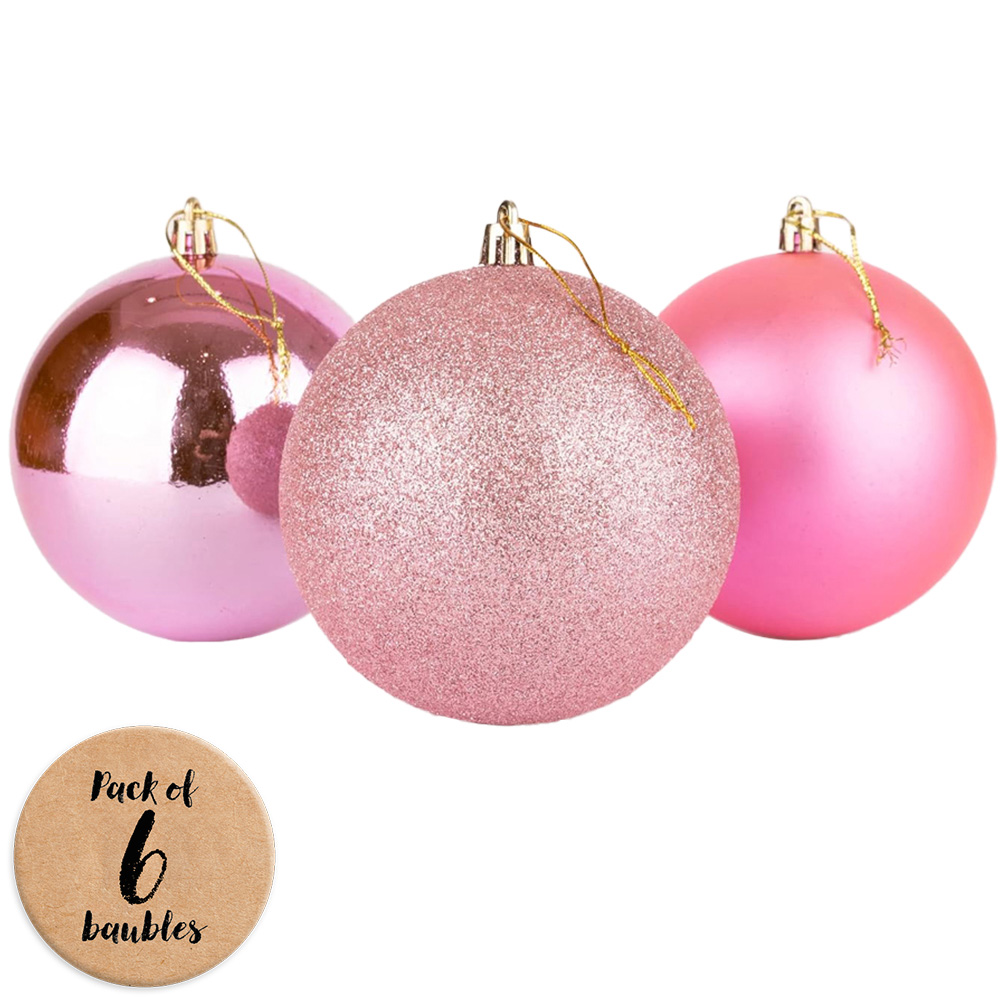 Shatchi 10cm Pink Shatterproof Bauble 6 Pack Image 1