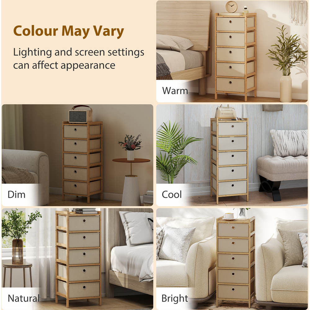 Portland 5 Fabric Drawer Cream White Bamboo Frame Chest of Drawers Image 3