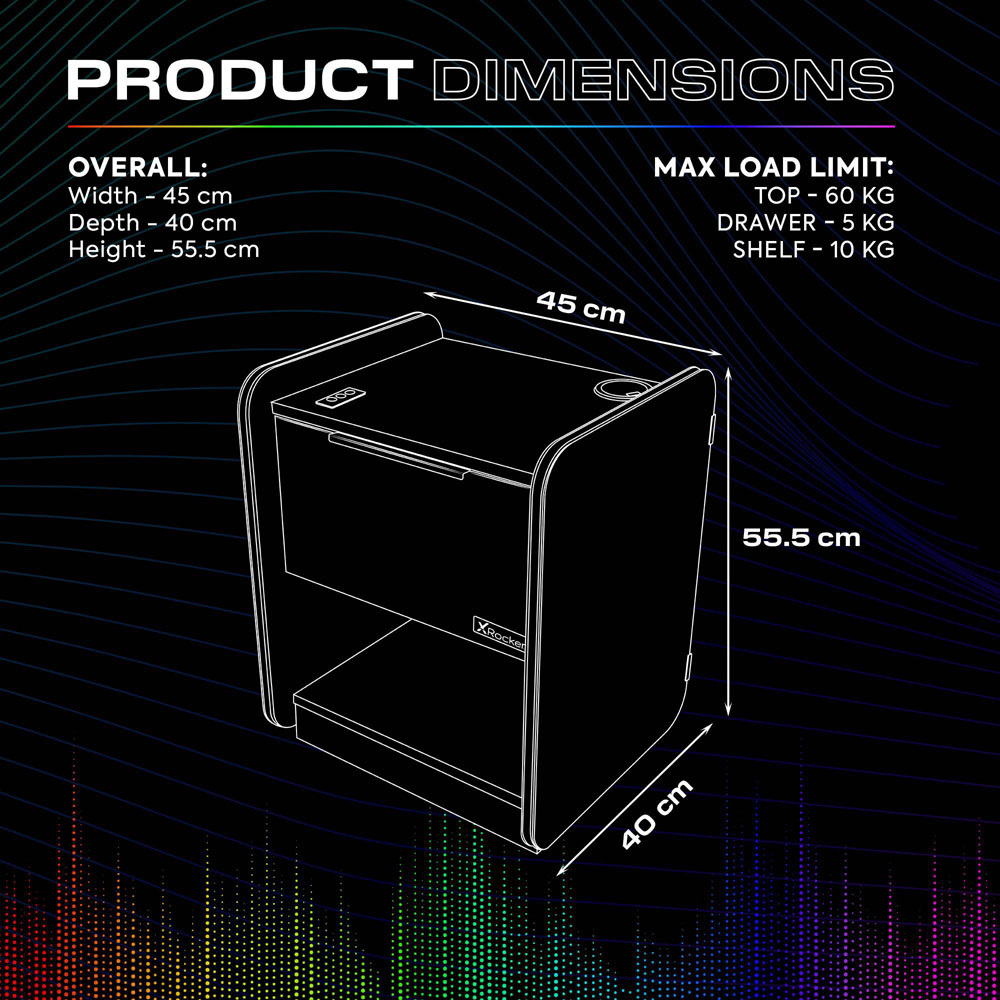 X Rocker Electra Single Drawer Single Shelf Black LED Bedside Table with Charging and App Control Image 9