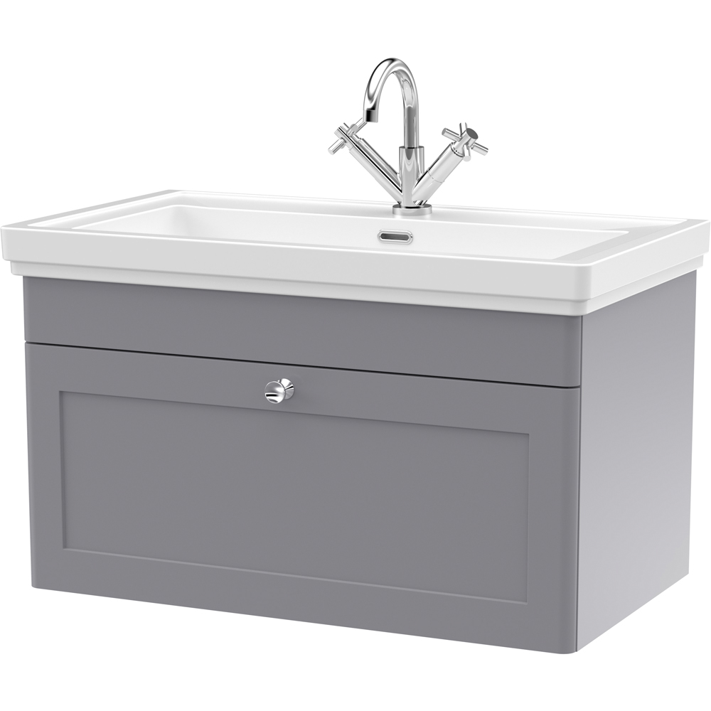 nuie Classique 1 Drawer Satin Grey Wall Hung Vanity Unit and 1 Tap Hole Fireclay Basin 800mm Image 1