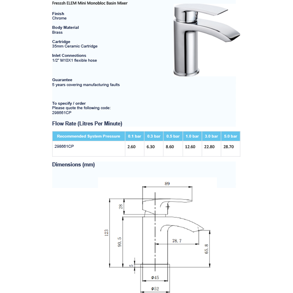 Fresssh Elem Chrome Mini Mono Basin Mixer with Clicker Image 2