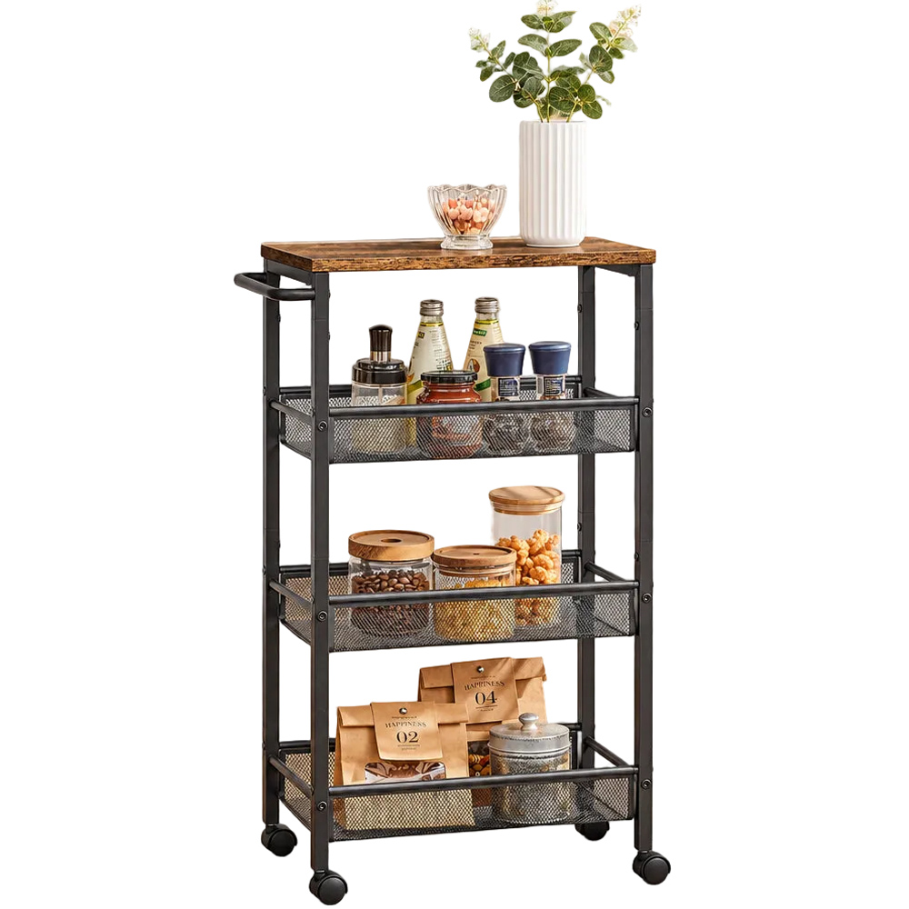 Modcraft 4 Shelf Black and Rustic Brown Slim Rolling Trolley Image 3