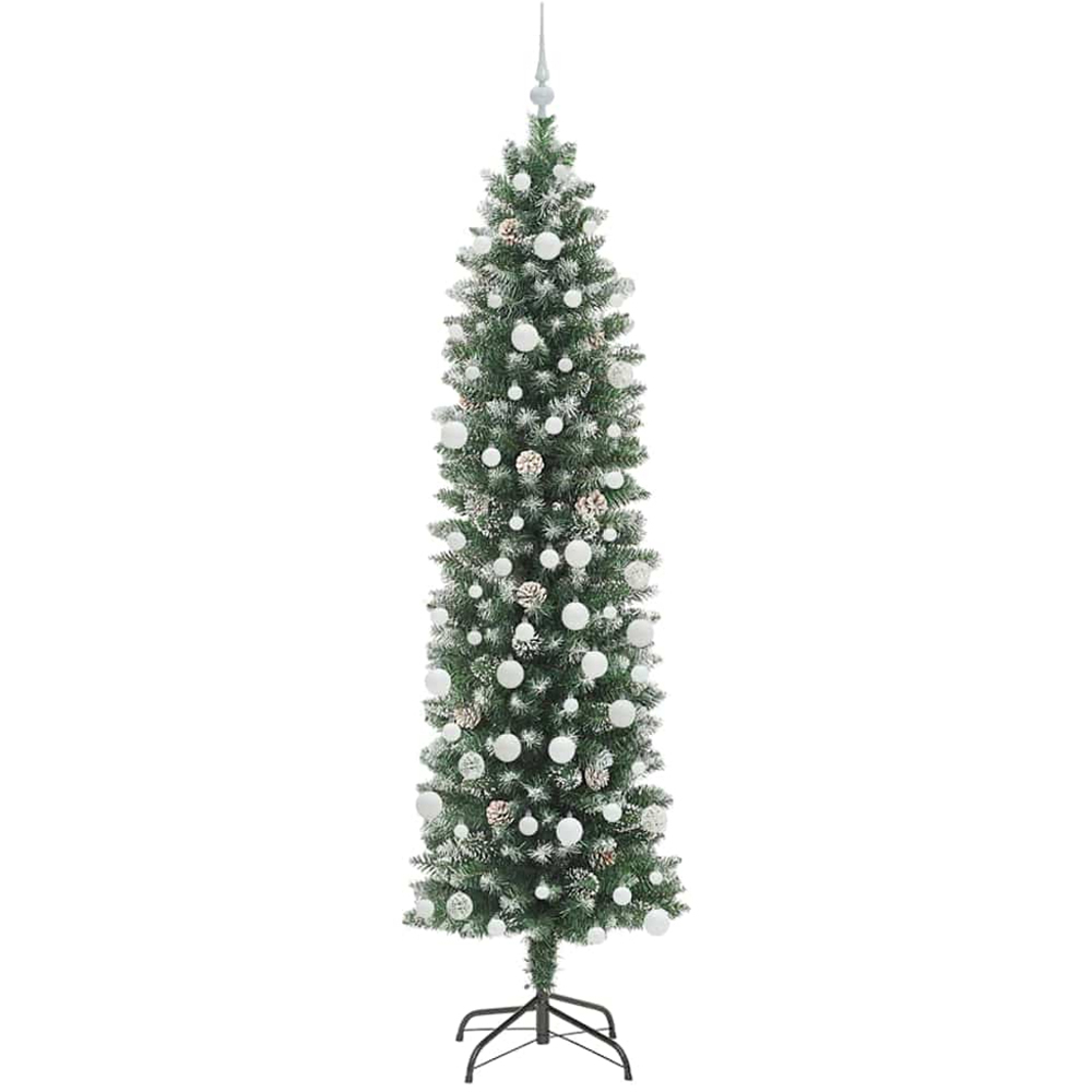 vidaXL Pre-Lit Warm White LED and White Baubles Green Slim Artificial Christmas Tree 7ft Image 2
