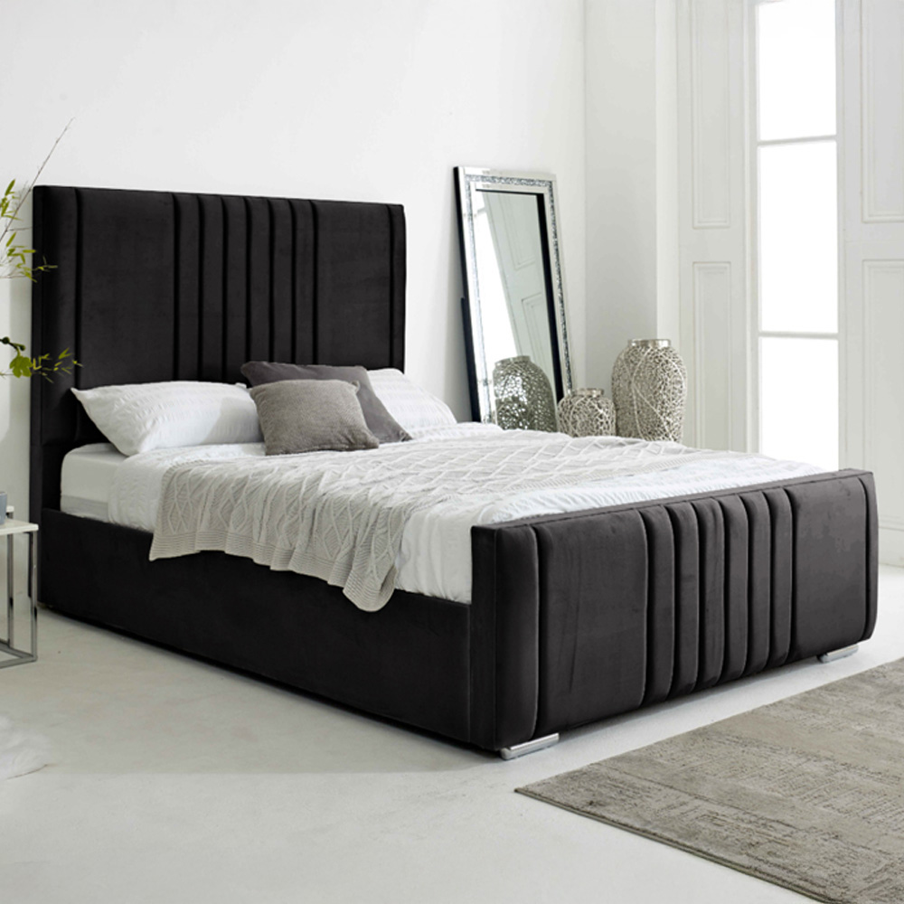 Eleganza Home Willard Single Black Plush Velvet Bed Frame with Headboard Image 1