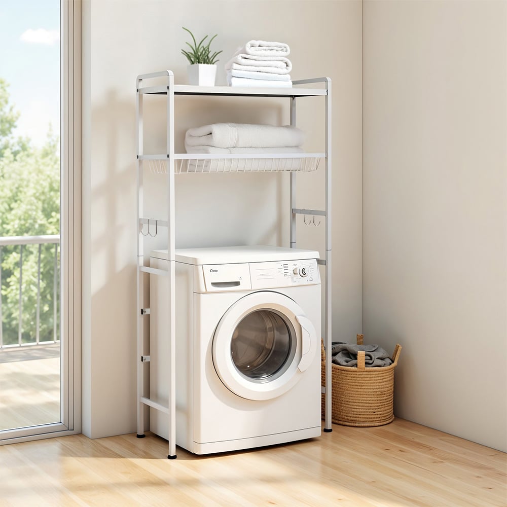 H&O Direct 2 Shelf White Washing Machine Storage Rack with Hooks Image 2